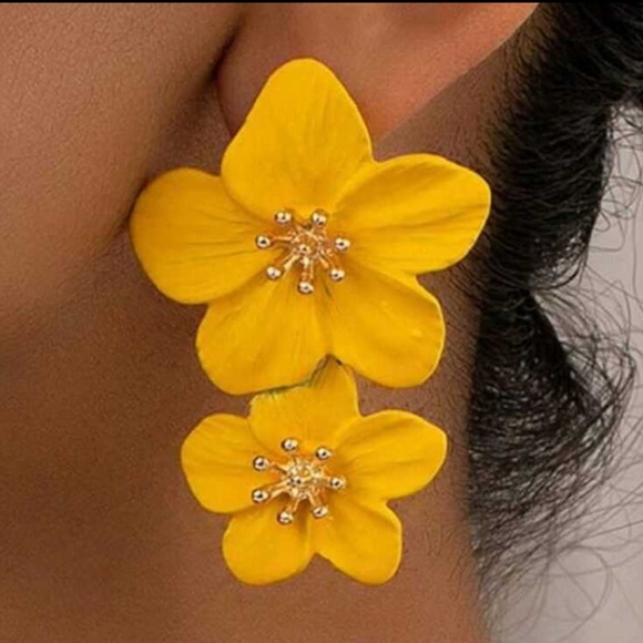 Yellow Double Flower with Gold Center, Boho, Dangle Vacation, Beach Earrings - Picture 4 of 5